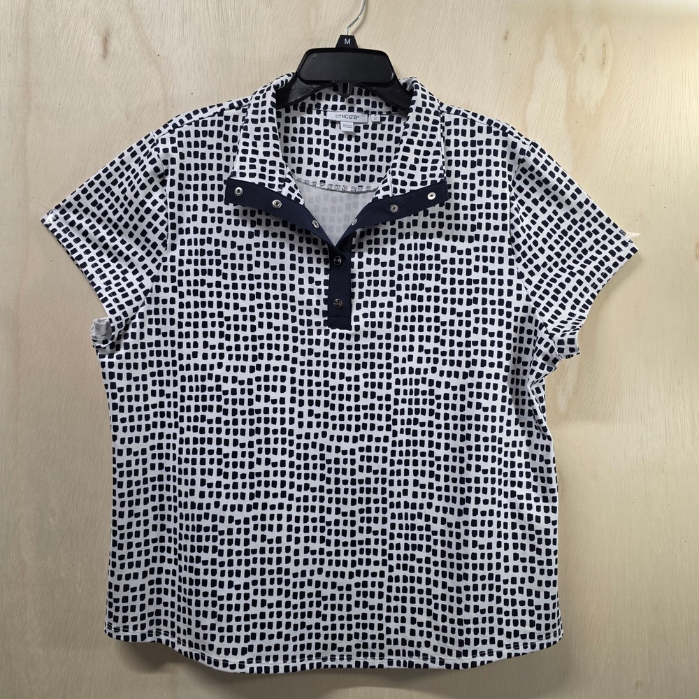 Chico's Navy White Geometric Grid Short Sleeve Polo Shirt Snap Placket Size 3 XL